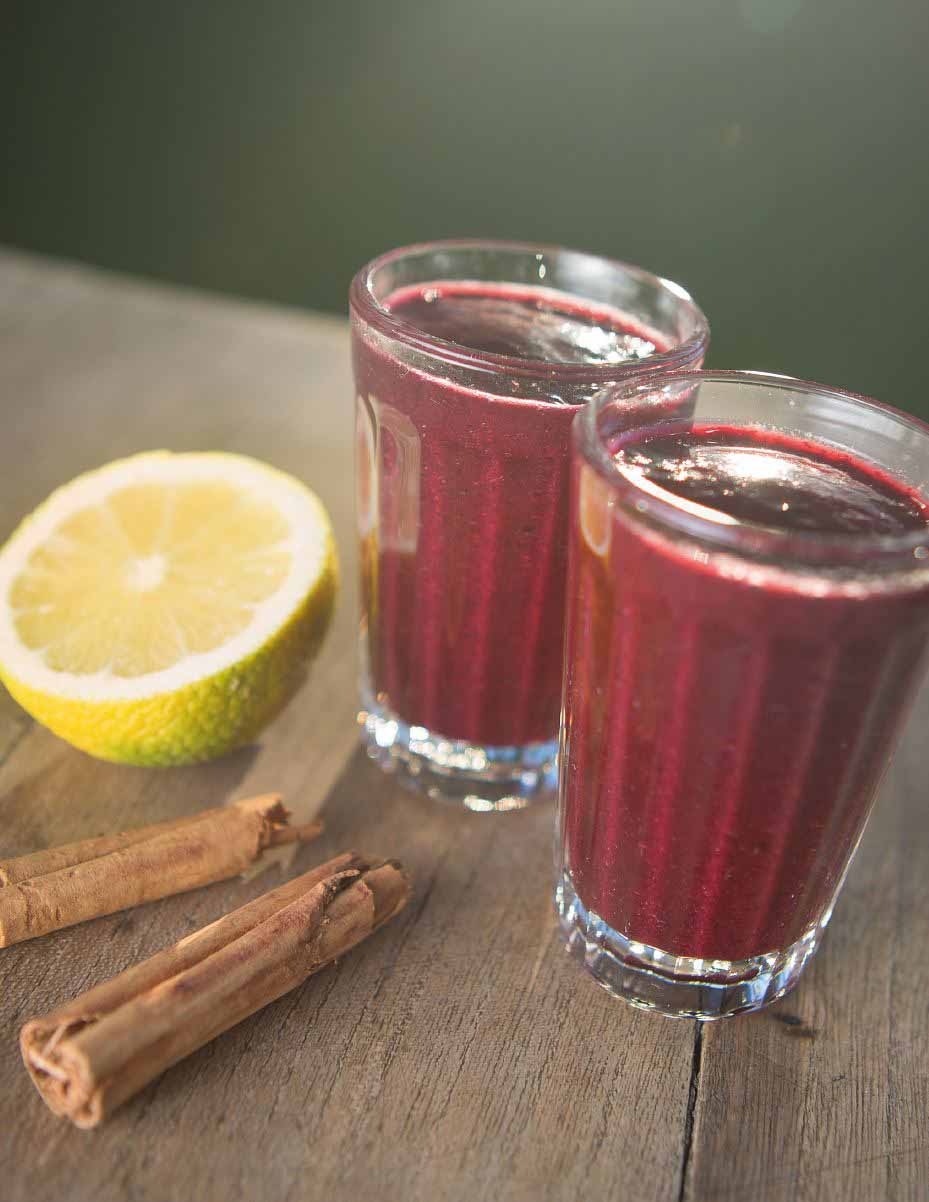 Zwei Gläser mit dunkelrotem Saft auf Holz, daneben eine halbe Zitrone und zwei Zimtstangen