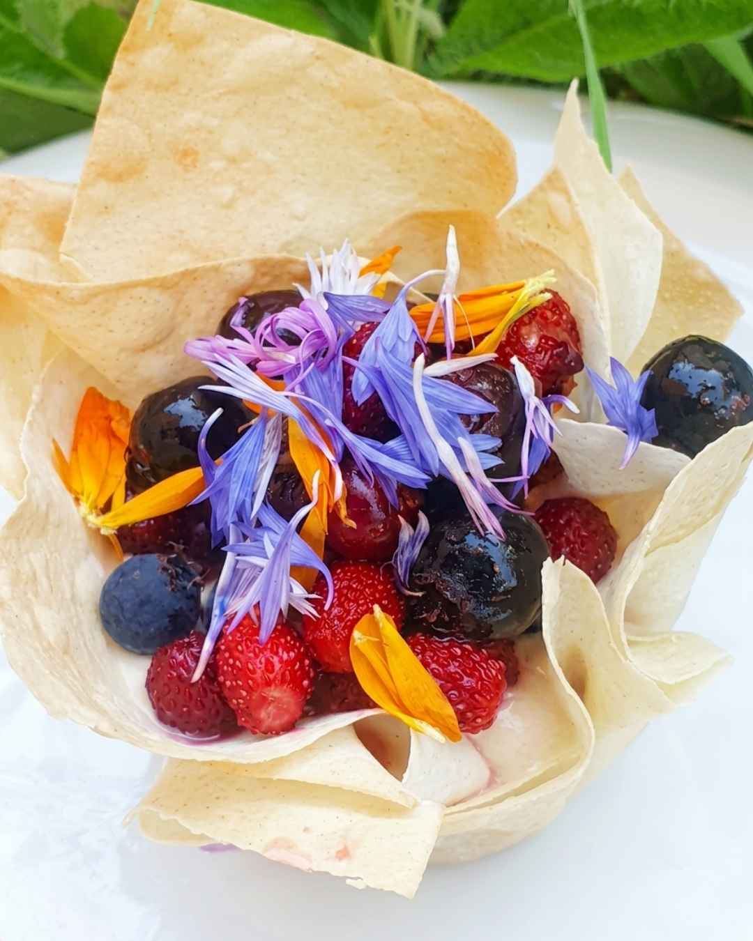 Törtchen mit Felsenbirnen im Strudelteigkörbchen: dunkle und rote Beeren mit blauvioletten Blütenblättern