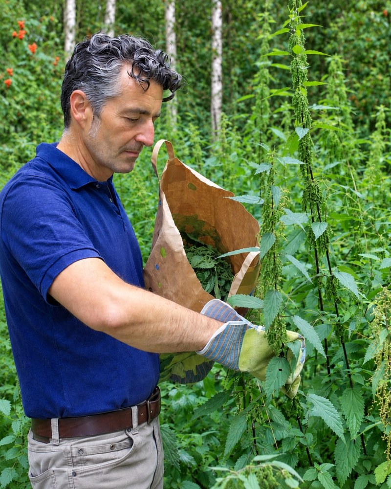 Dr. Markus Strauß pflückt mit Handschuhen Brennnesseln in eine Papiertüte