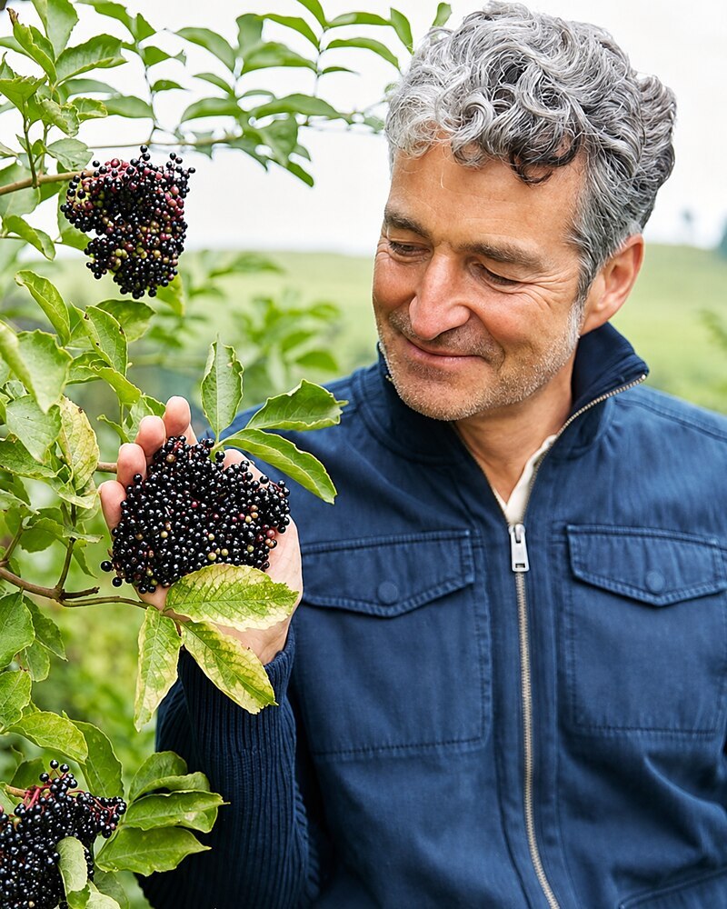 Dr. Markus Strauß mit einer Dolde reifer schwarzer Holunderbeeren in der Hand