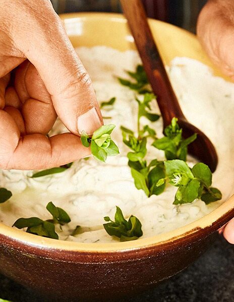 Hand streut kleine grüne Blättchen über einen hellen Dip in einer Tonschüssel mit Holzlöffel