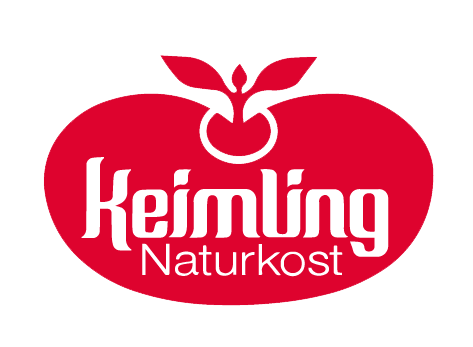 Firmenlogo „Keimling Naturkost“ – weiße Schrift auf rotem Oval mit stilisiertem Keimling