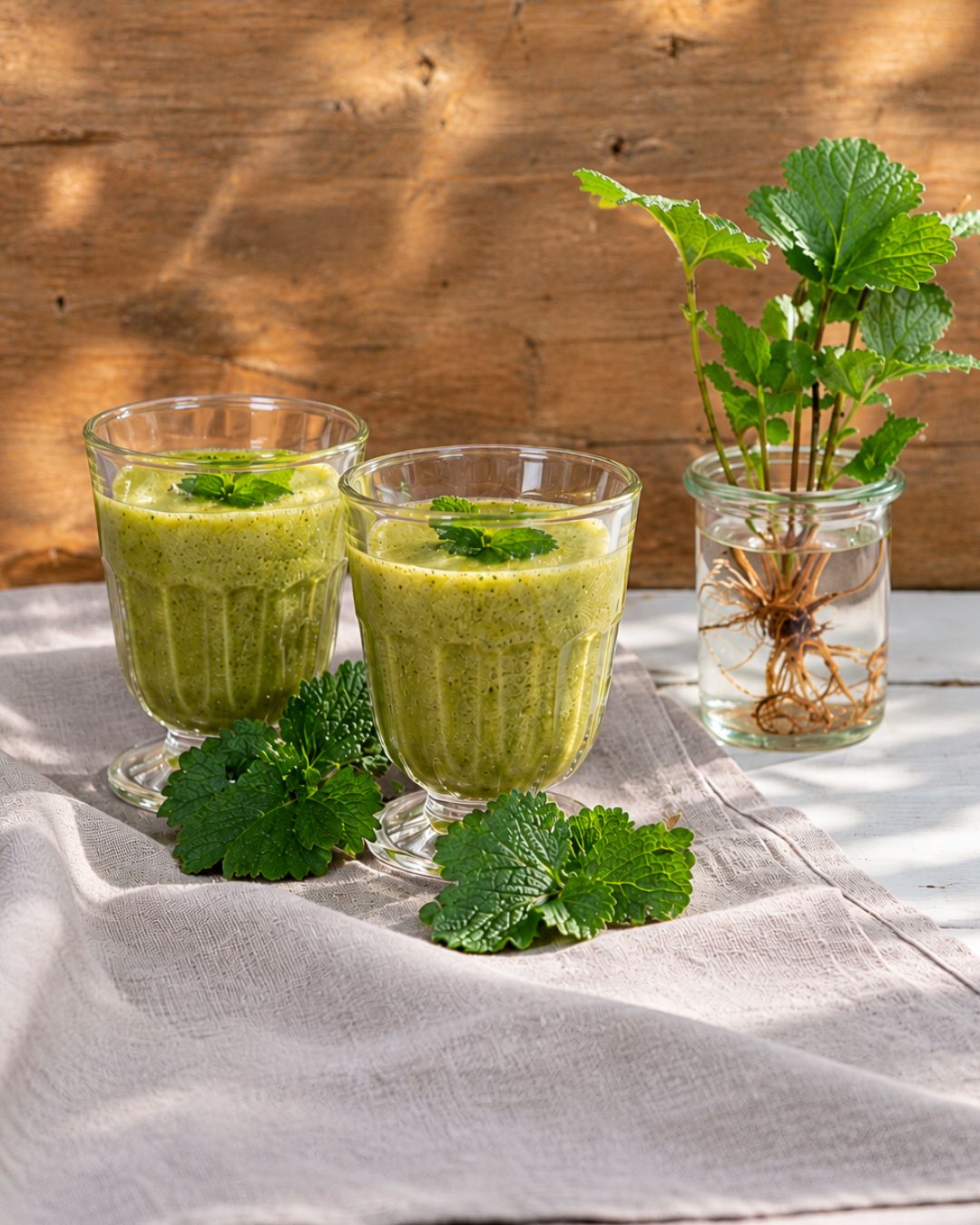 Zwei Gläser mit grünem Nelkenwurz-Smoothie, daneben Nelkenwurzblätter und eine Nelkenwurz mit Wurzel in einem Wasserglas