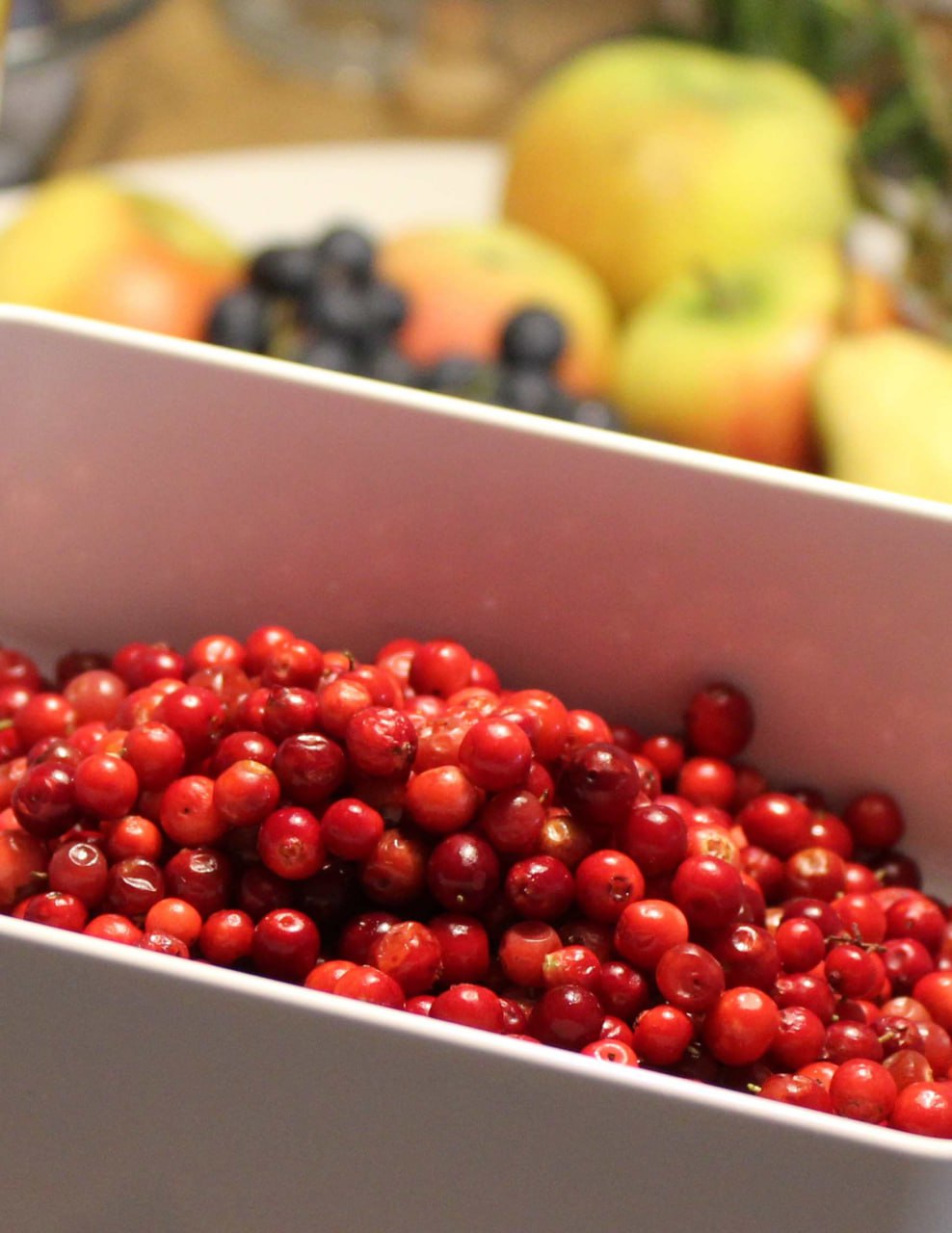 Rote Ebereschenbeeren in einer weißen Schale, dahinter Aroniabeeren und Äpfel